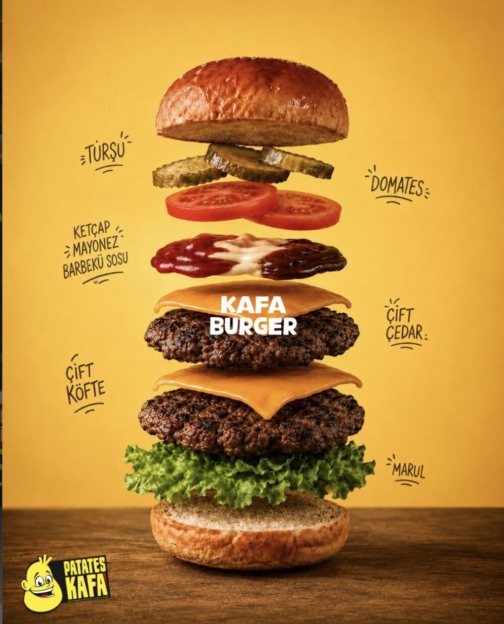 Kafa Burger — çift köfte, çift çedar; türşu, domates, marul ve özel sos